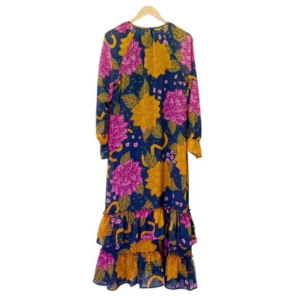 NWT Mud Pie Colleen Maxi Dress Navy Floral Ruffled Flowy Long Sleeve Size Medium - Picture 3 of 12